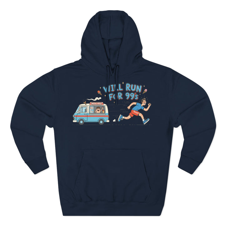 Navy hoodie by S&amp;W Gallus with a hood, long sleeves, and a "Will Run for 99s" ice cream truck graphic.