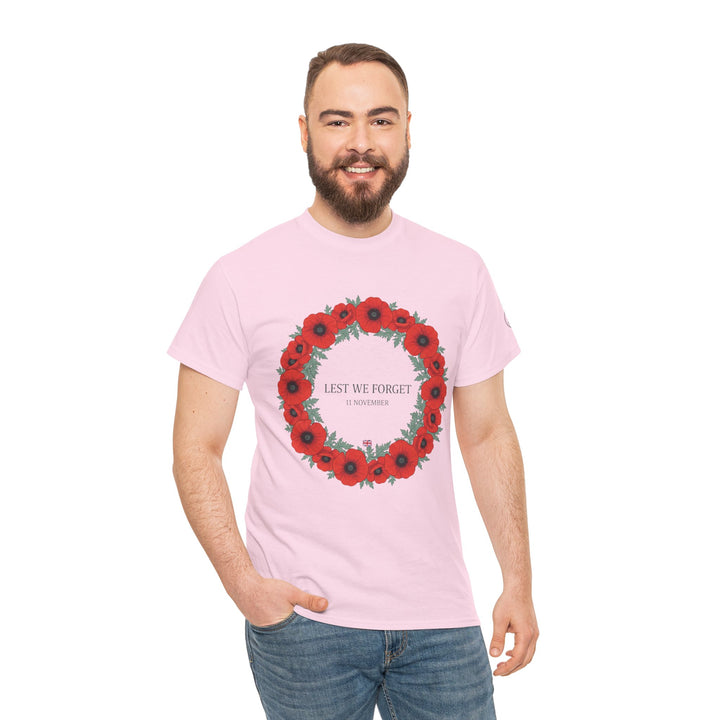 Pink t-shirt with a wreath design by S&amp;W Gallus featuring red poppies and green leaves.