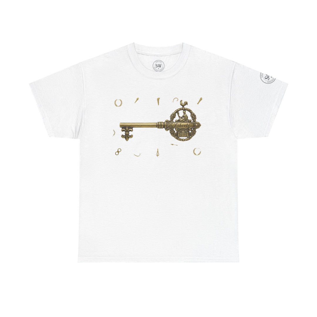 White Bastille Key T-shirt by S&amp;W Gallus, featuring a graphic key design and brand details on the tag.
