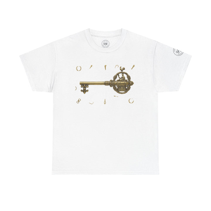White Bastille Key T-shirt by S&amp;W Gallus, featuring a graphic key design and brand details on the tag.
