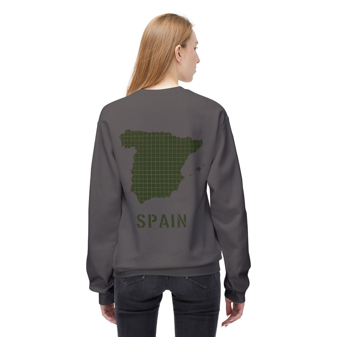 Spain Map Crewneck Sweatshirt — Military Green Grid Spain Graphic