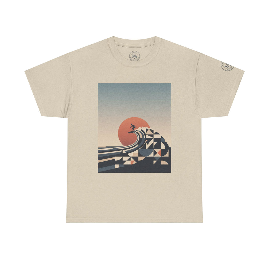 Beige t-shirt by S&amp;W Gallus with a graphic surfer sunset design on the front.