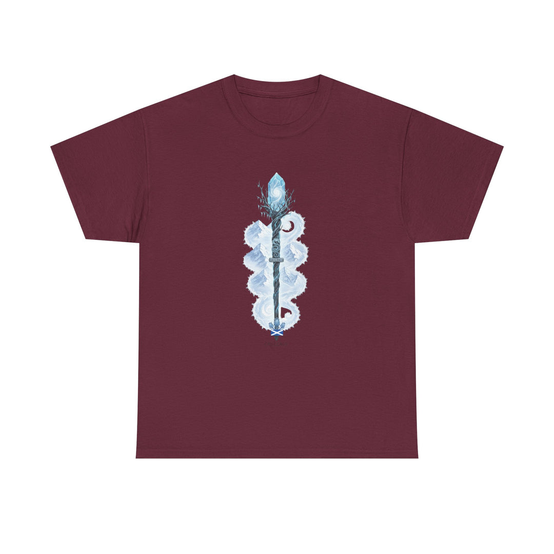 Maroon T-shirt by S&amp;W Gallus displaying a magical ice staff graphic on the front.