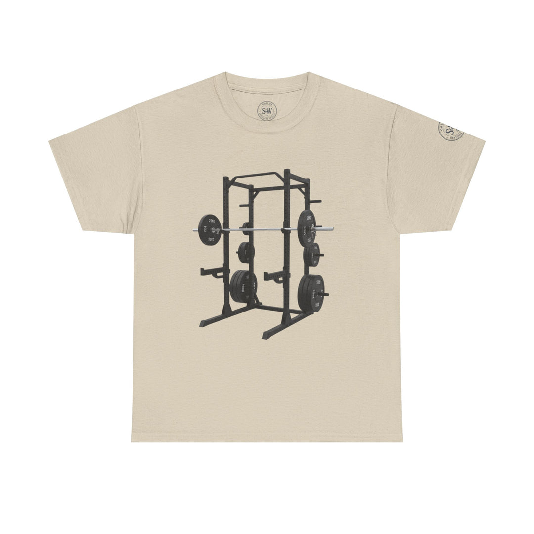 Beige t-shirt by S&amp;W Gallus displaying a black power rack and weightlifting equipment.