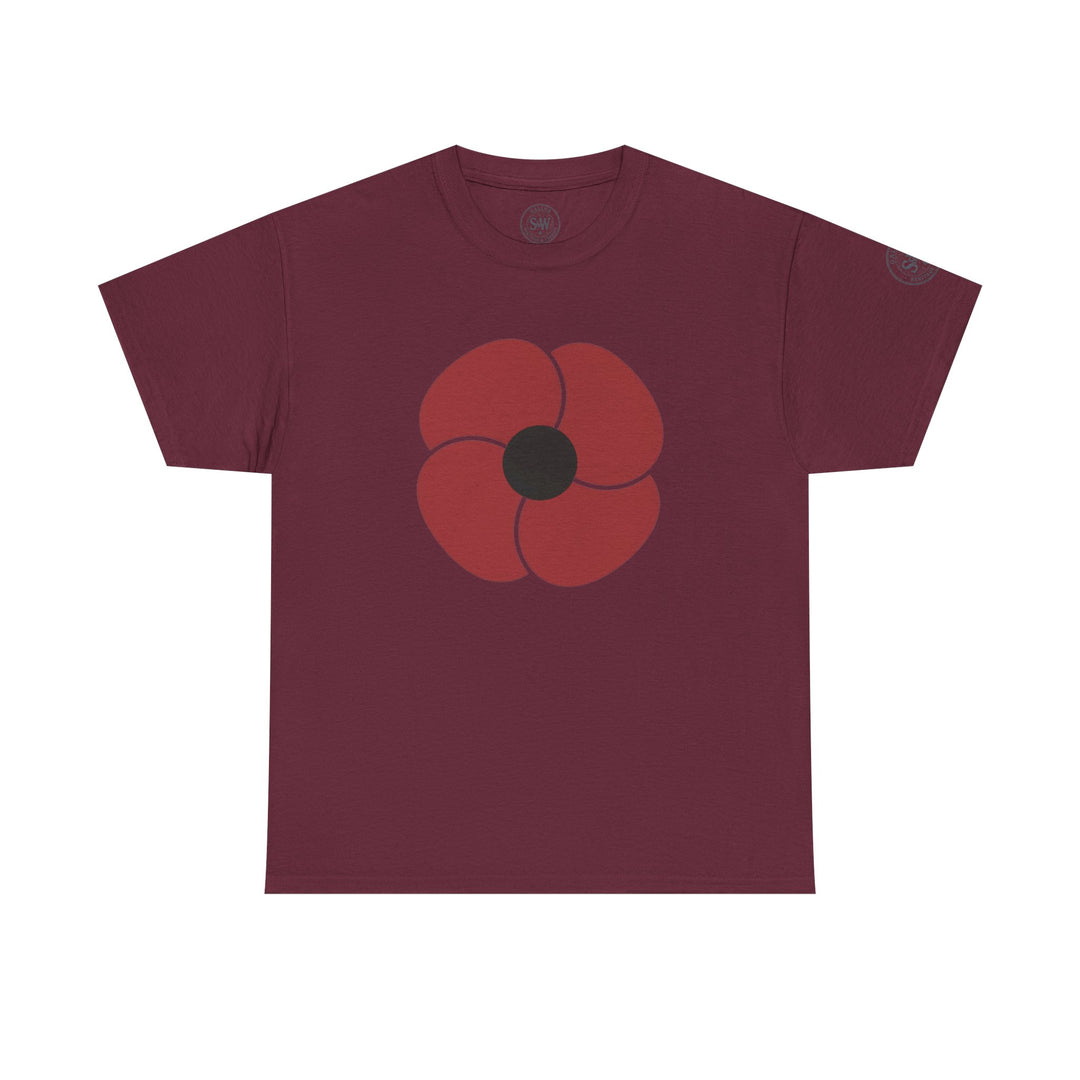 Maroon t-shirt by S&amp;W Gallus with a red remembrance poppy design on the front.