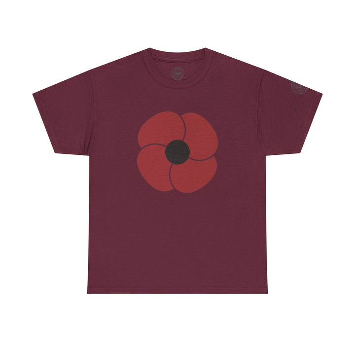 Maroon t-shirt by S&amp;W Gallus with a red remembrance poppy design on the front.