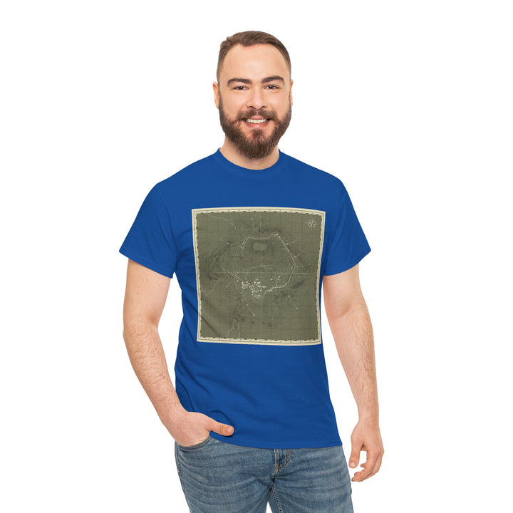 Isandlwana Map Print T-Shirt featuring a vintage topographic design. A bold heritage graphic tee inspired by historic terrain.