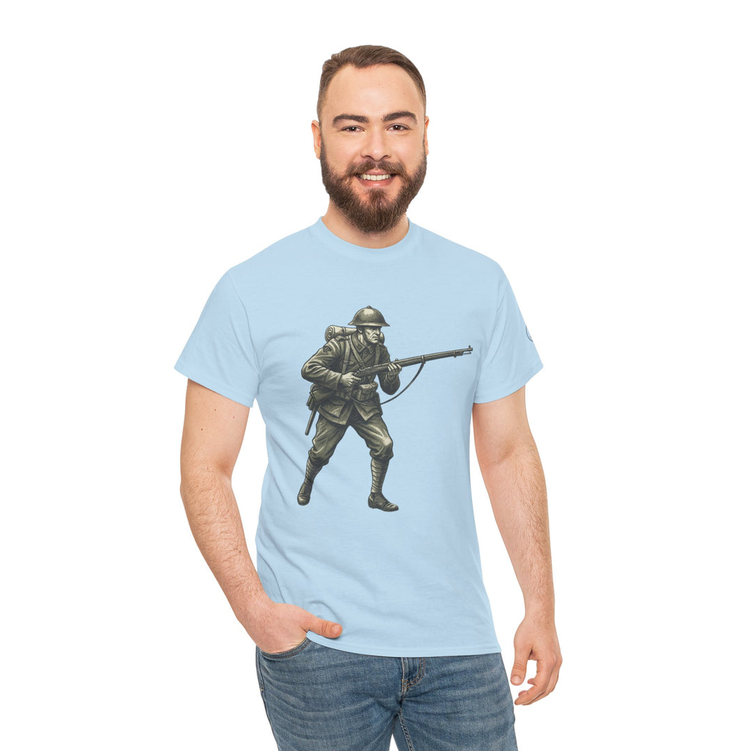 Light blue graphic tee by S&amp;W Gallus, featuring a vintage World War I soldier illustration on the front, paired with jeans.