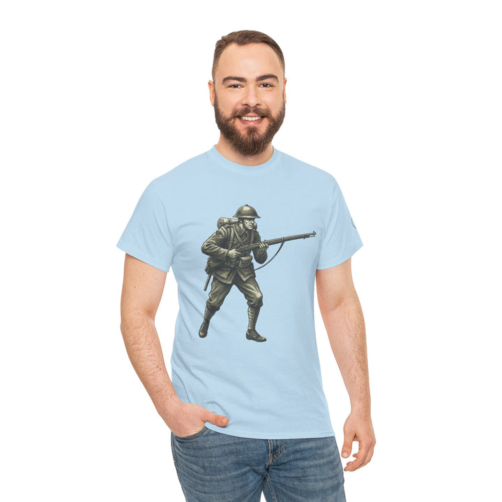 Light blue graphic tee by S&amp;W Gallus, featuring a vintage World War I soldier illustration on the front, paired with jeans.