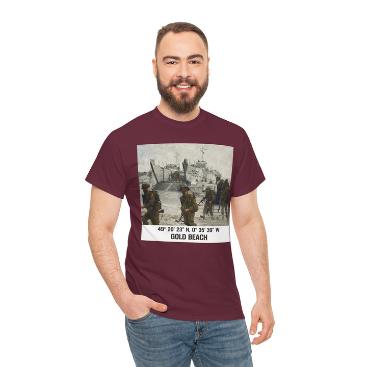 Maroon Gold Beach Coordinates Tee — D-Day Normandy Veteran Tribute T-Shirt by Veteran owned, featuring a historical image on the front. Man wearing it with jeans.
