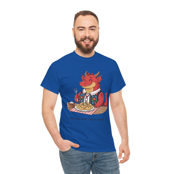 Blue T-shirt by S&amp;W Gallus, featuring a dragon graphic eating pierogi, worn with jeans.