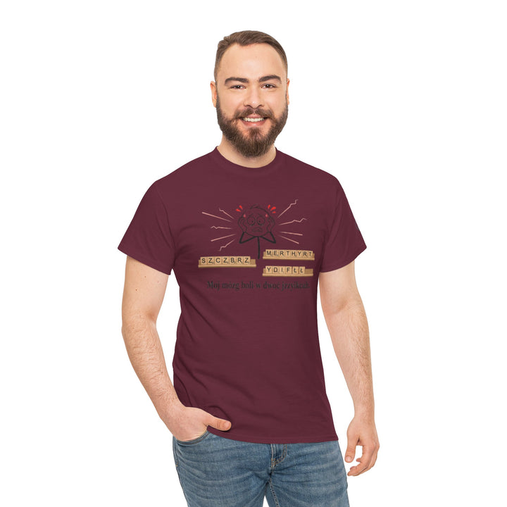 Burgundy T-shirt by S&amp;W Gallus, featuring a humorous Polish language graphic, paired with casual jeans.