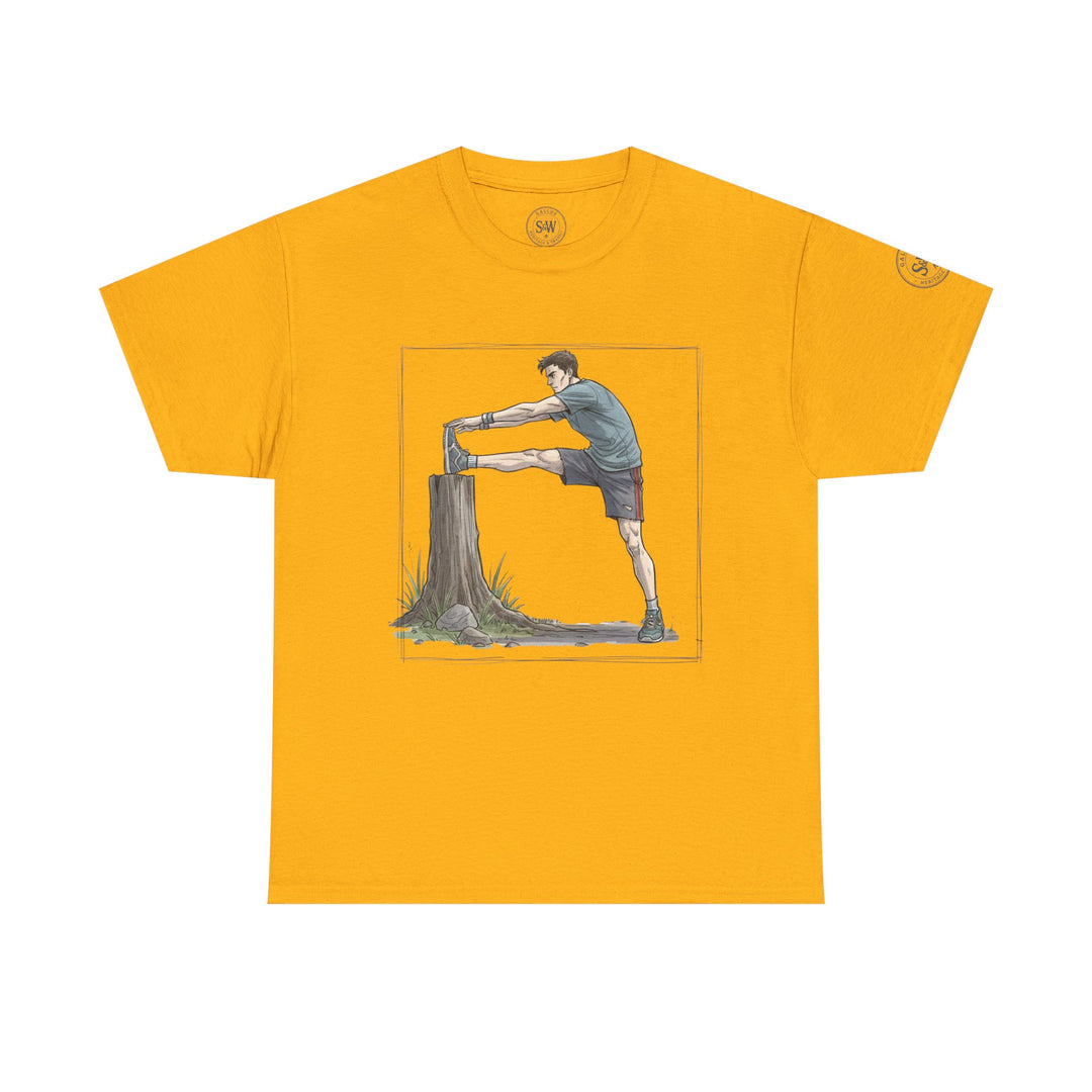 Mustard yellow t-shirt by S&amp;W Gallus featuring a square graphic of a runner stretching against a tree stump.