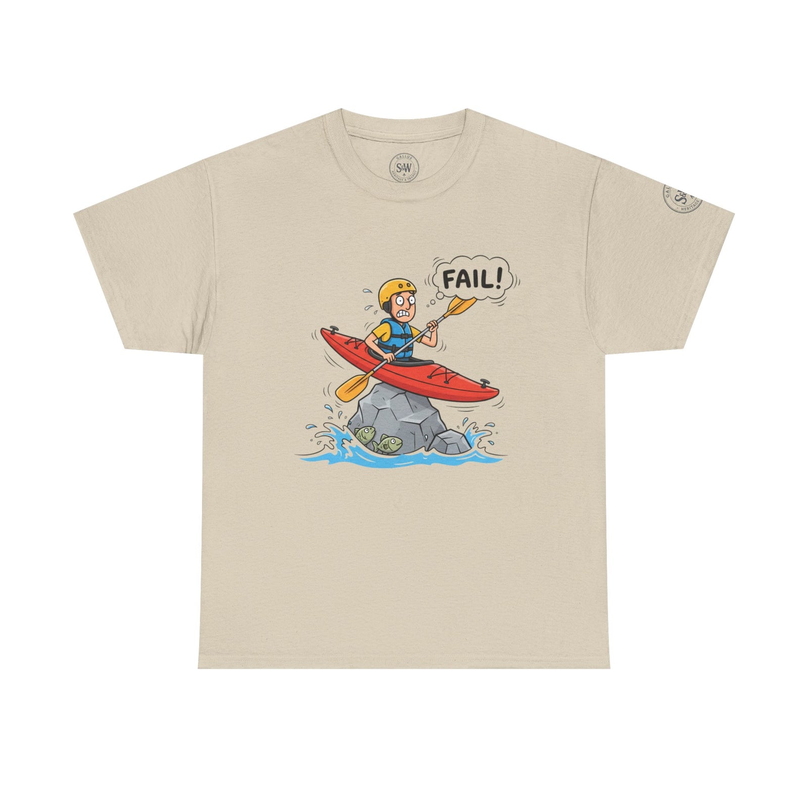 Beige t-shirt by S&W Gallus featuring a cartoon graphic of a kayaker stuck on a rock with a "FAIL!" thought bubble.