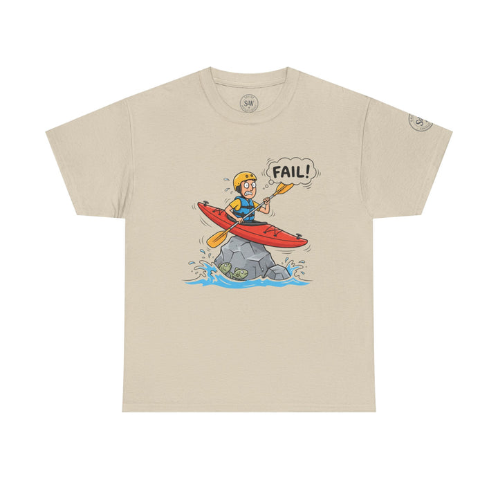 Beige t-shirt by S&amp;W Gallus featuring a cartoon graphic of a kayaker stuck on a rock with a "FAIL!" thought bubble.