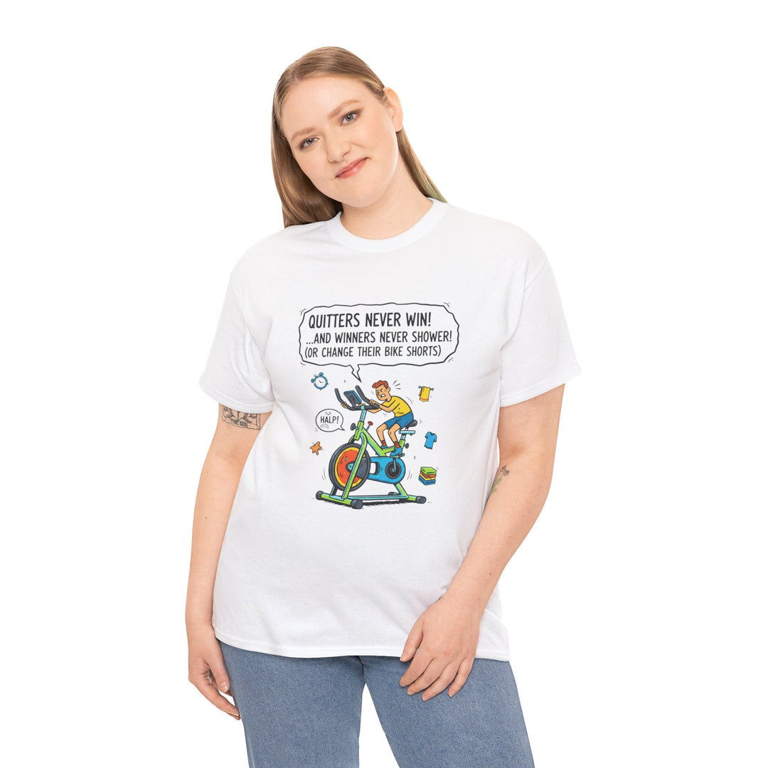 Spin Motivational Tee – soft, breathable cotton featuring an inspiring cycling graphic. Perfect for spin classes, workouts, and active lifestyle wear.