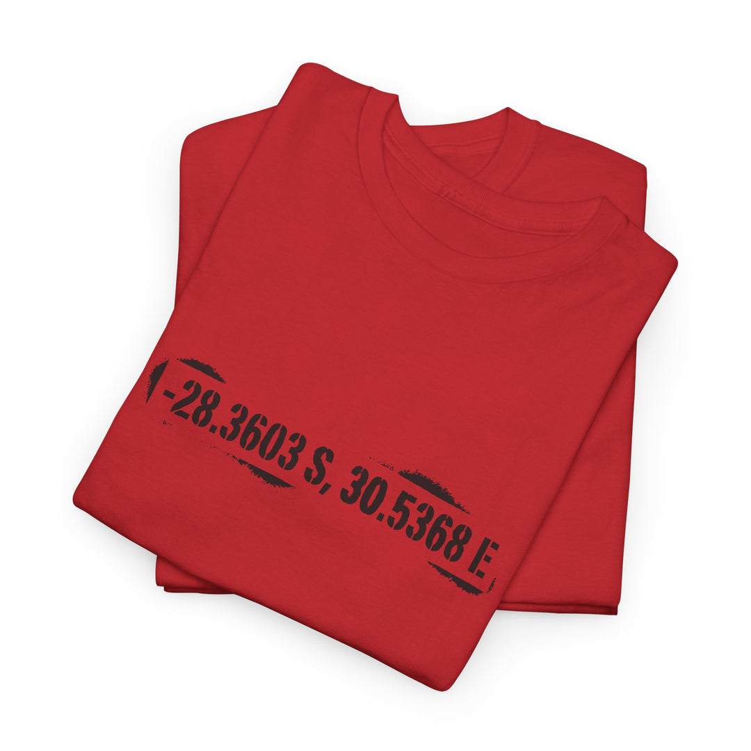 Rorke’s Drift T-Shirt featuring historic battle coordinates. Honor the 1879 Anglo-Zulu War with precise latitude &amp; longitude design.