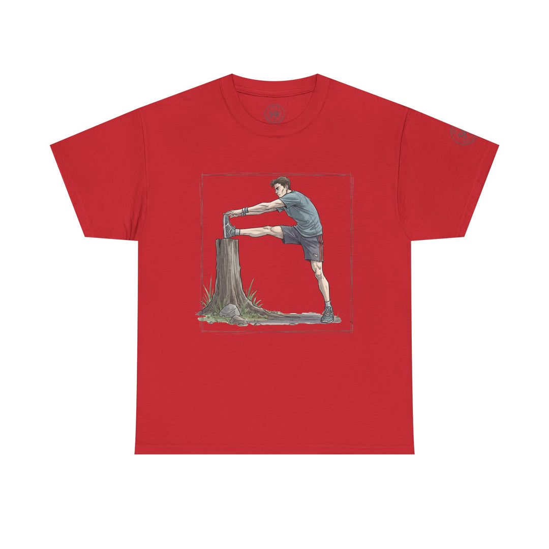 Red T-shirt from S&amp;W Gallus featuring a graphic design of a runner stretching on the front.
