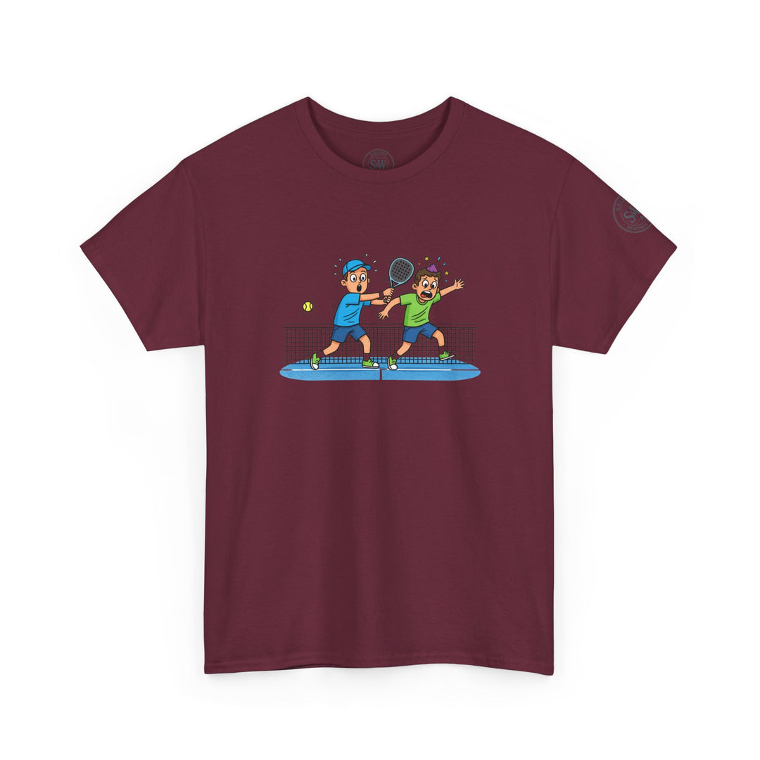 Maroon t-shirt by S&amp;W Gallus featuring a graphic of two children playing padel.