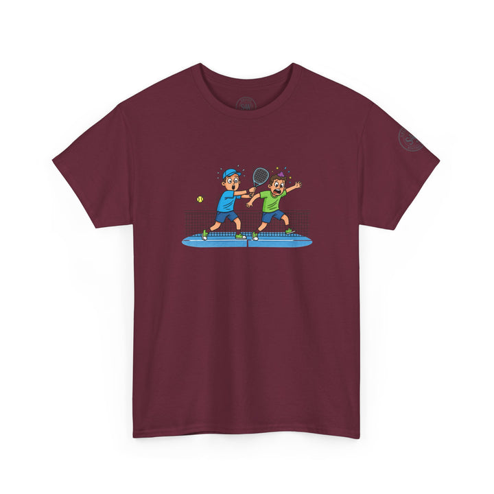 Maroon t-shirt by S&amp;W Gallus featuring a graphic of two children playing padel.