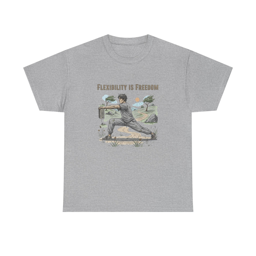 Flexibility Is Freedom Tee – soft, breathable cotton featuring a motivational design. Perfect for yoga, Pilates, stretching, or casual active lifestyle wear.