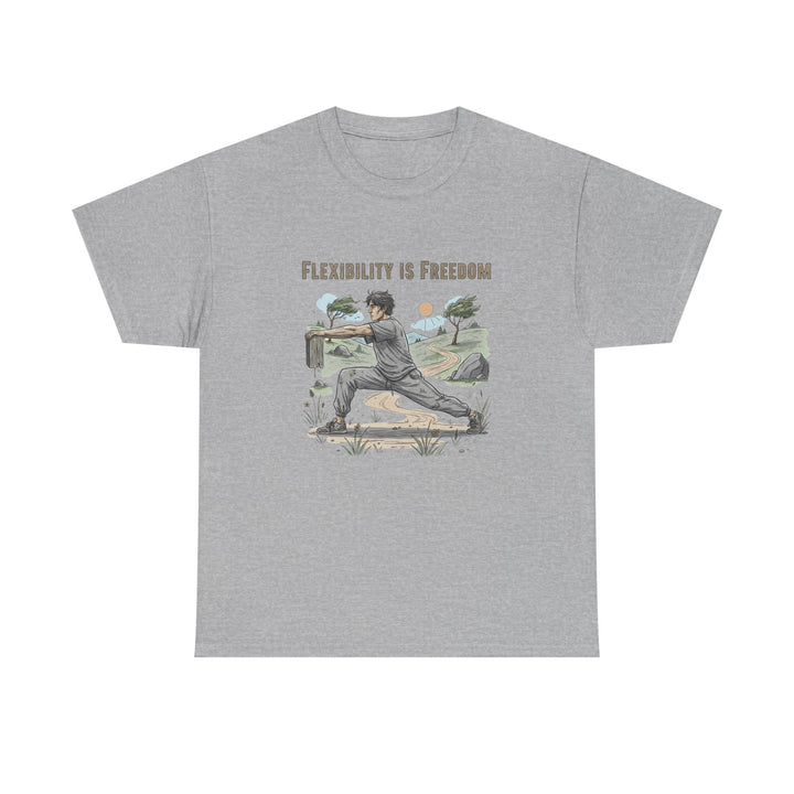 Flexibility Is Freedom Tee – soft, breathable cotton featuring a motivational design. Perfect for yoga, Pilates, stretching, or casual active lifestyle wear.