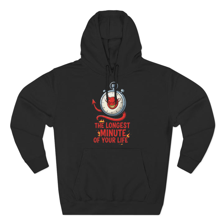 Black hoodie by S&amp;W Gallus featuring a stopwatch with a devil inside and "The Longest Minute of Your Life" text.