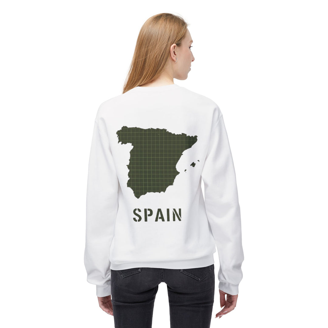 Spain Map Crewneck Sweatshirt — Military Green Grid Spain Graphic