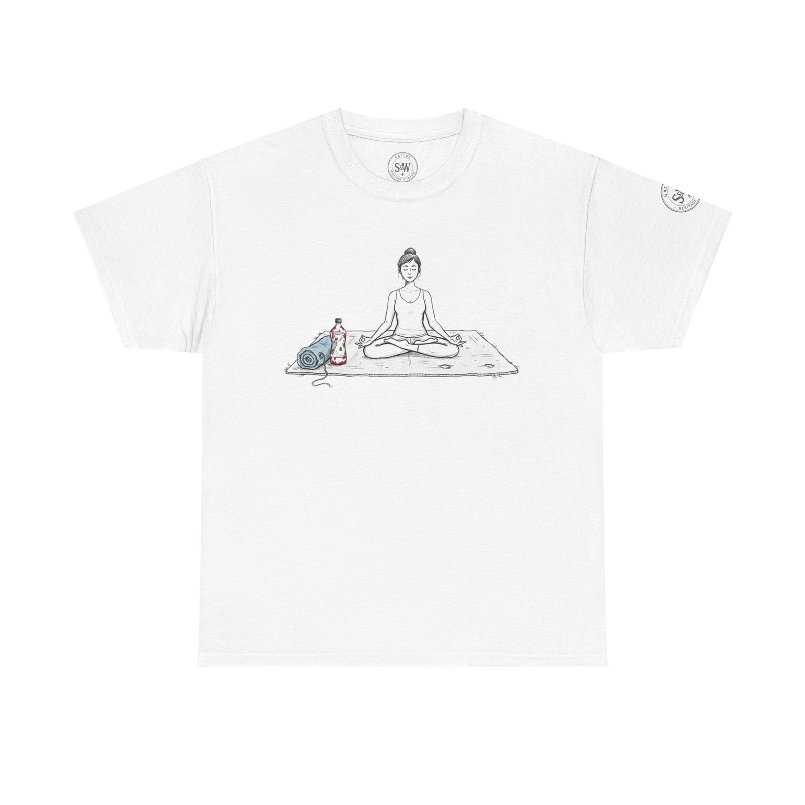 White Yoga Meditation T-Shirt by S&W Gallus featuring a serene yoga illustration.