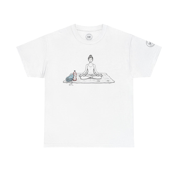 White Yoga Meditation T-Shirt by S&amp;W Gallus featuring a serene yoga illustration.