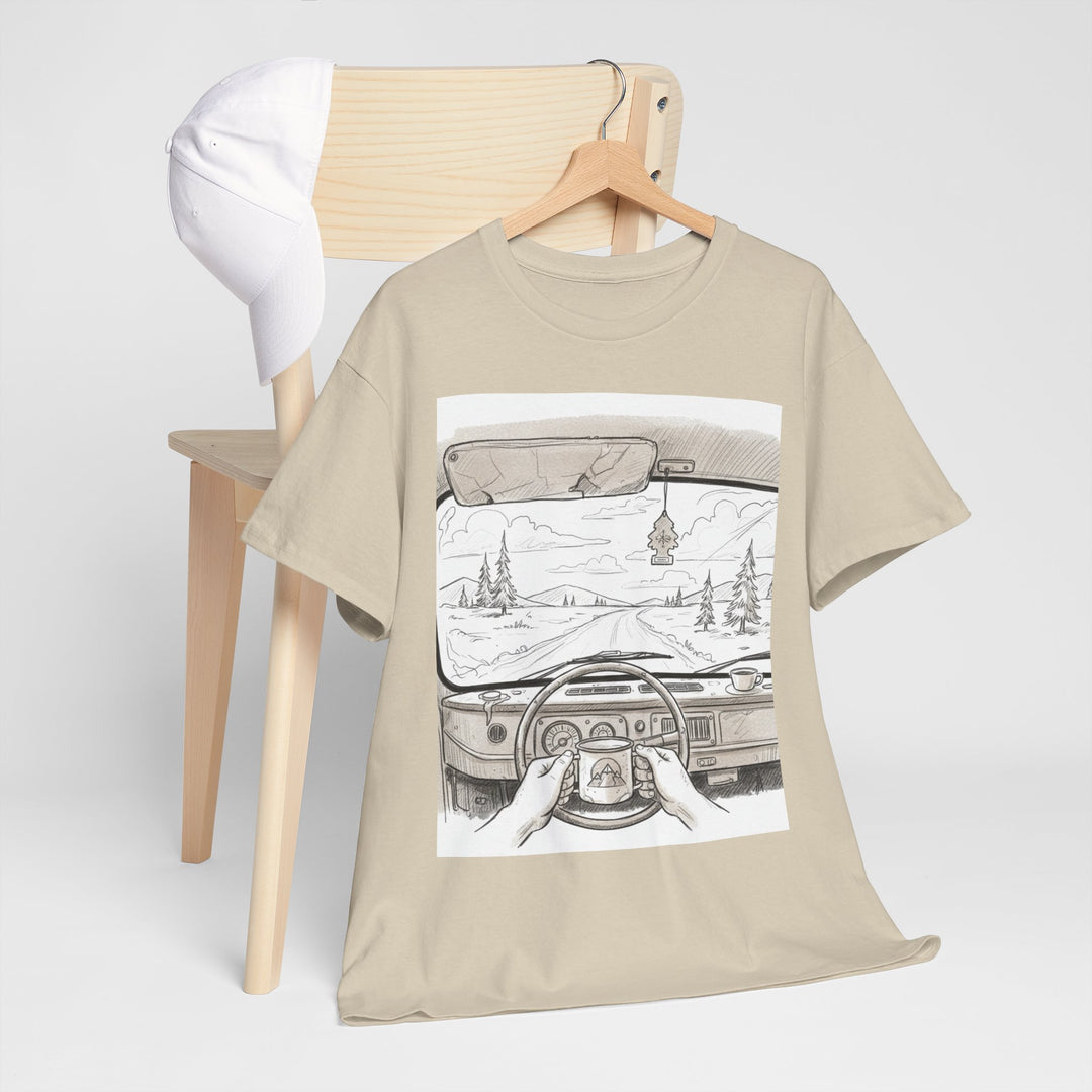 Scenic Drive Van Illustration Tee – soft cotton with a detailed van and landscape design. Perfect for road trips, outdoor adventures, and casual wear.