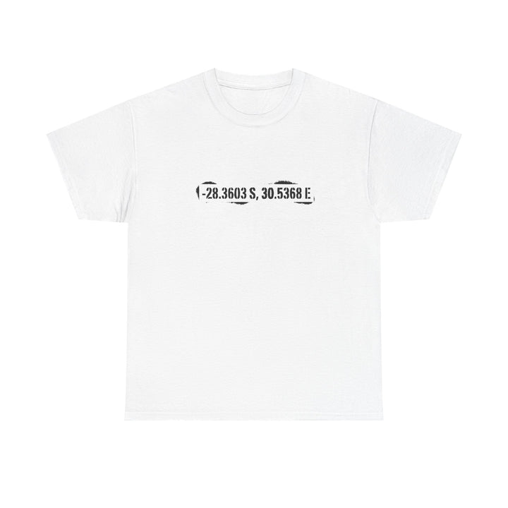 Rorke’s Drift T-Shirt featuring historic battle coordinates. Honor the 1879 Anglo-Zulu War with precise latitude &amp; longitude design.