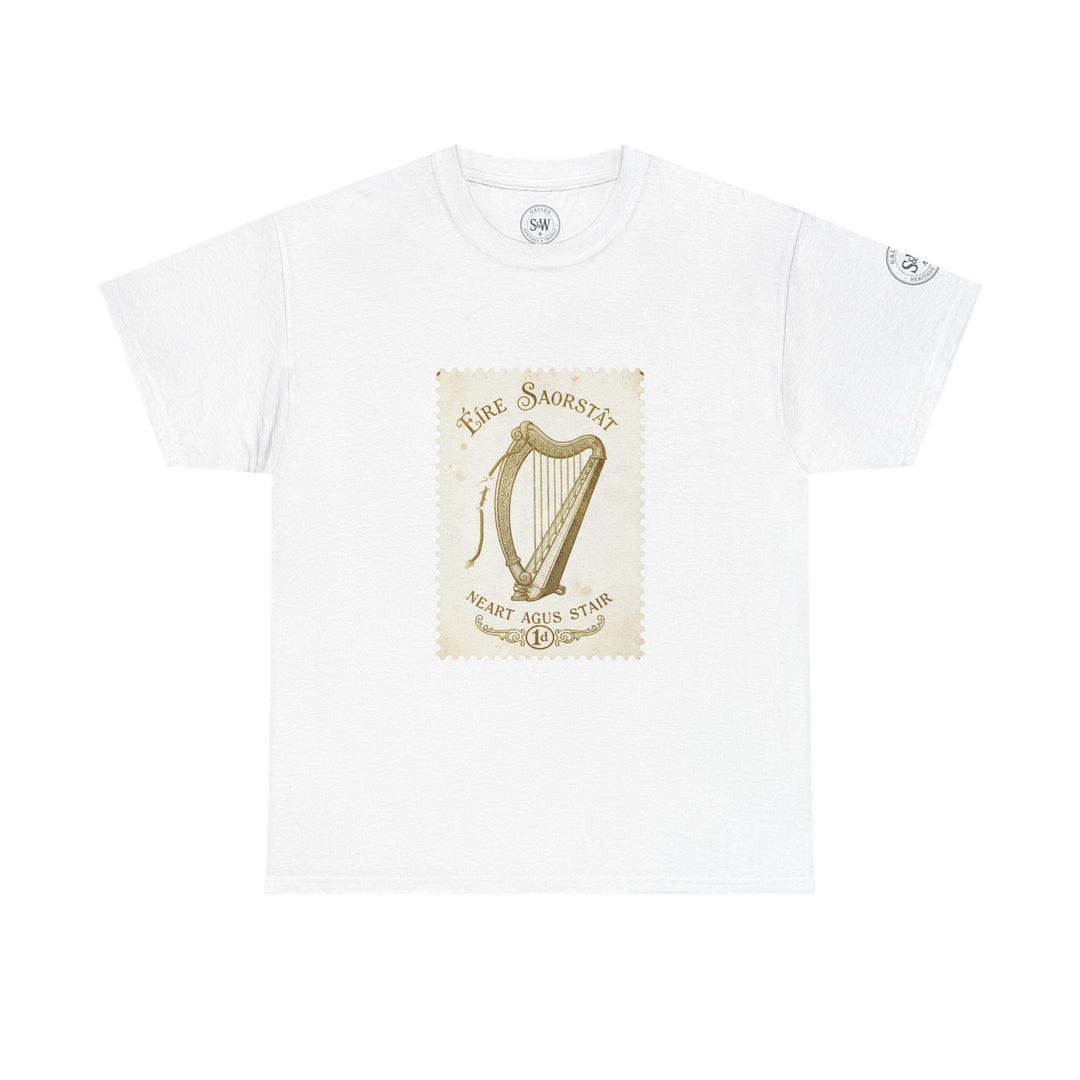 White t-shirt by S&amp;W Gallus, featuring an Irish harp vintage stamp design on the front.