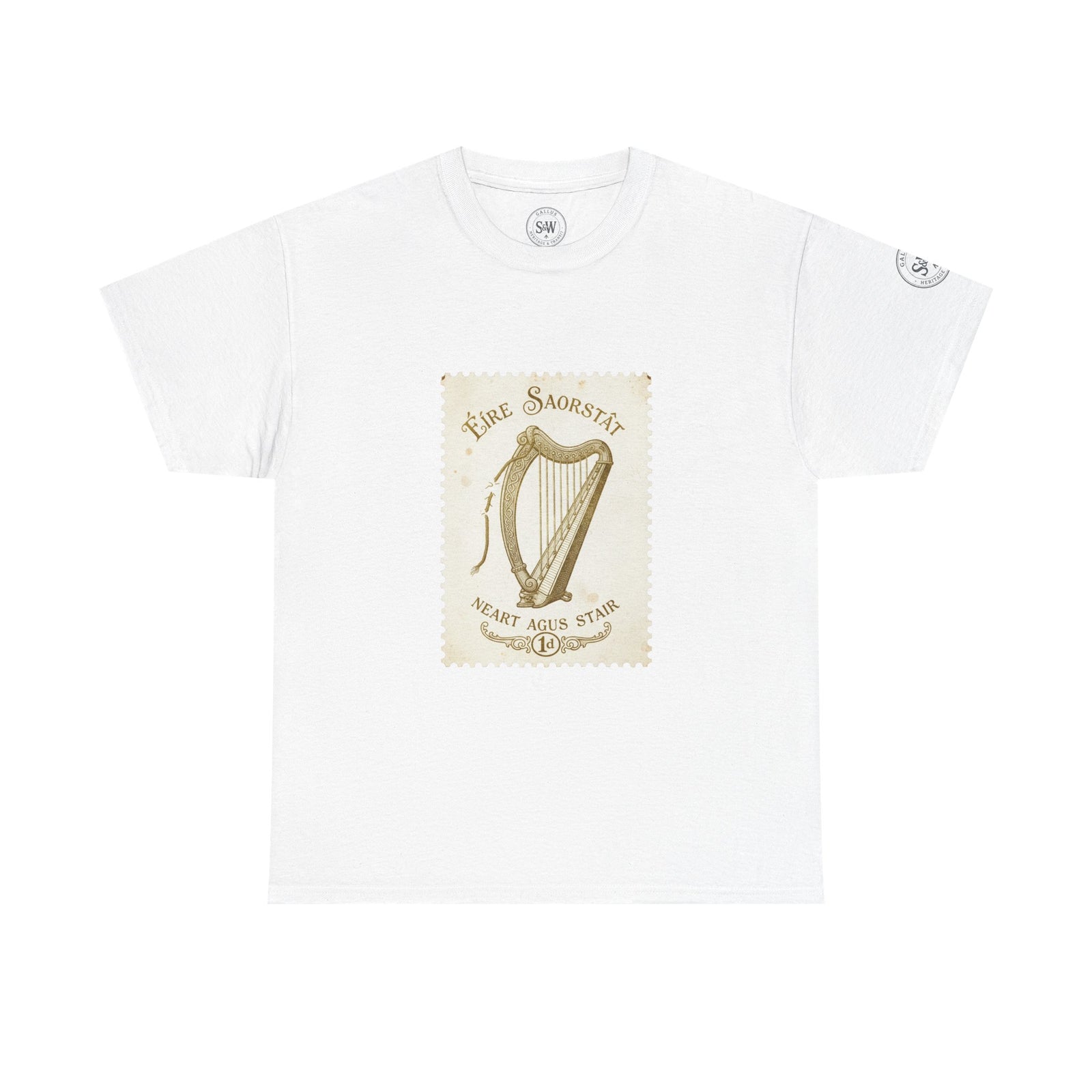 White t-shirt by S&W Gallus, featuring an Irish harp vintage stamp design on the front.