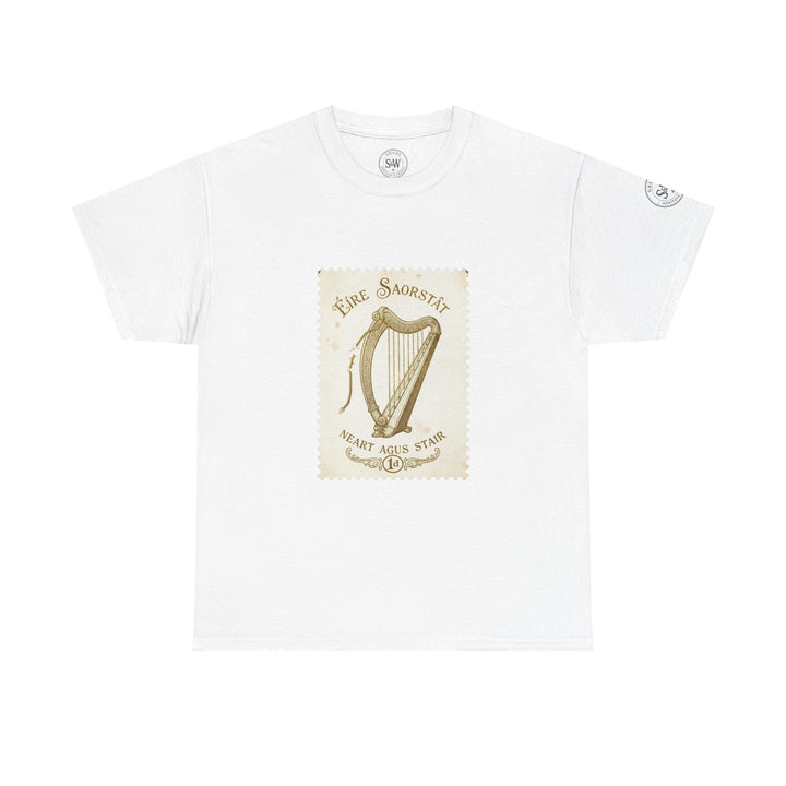 White t-shirt by S&amp;W Gallus, featuring an Irish harp vintage stamp design on the front.