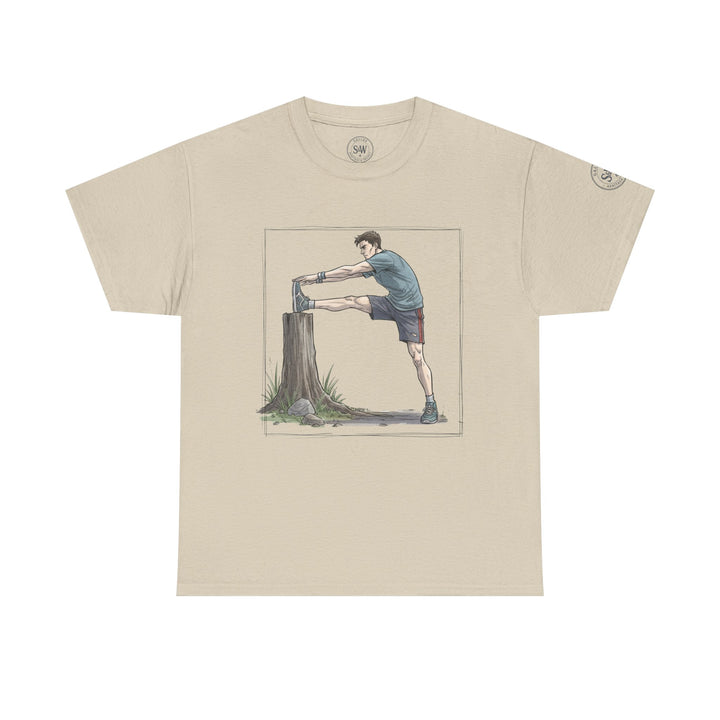 Beige flexible runner t-shirt by S&amp;W Gallus, featuring a stretching athlete graphic within a square frame.