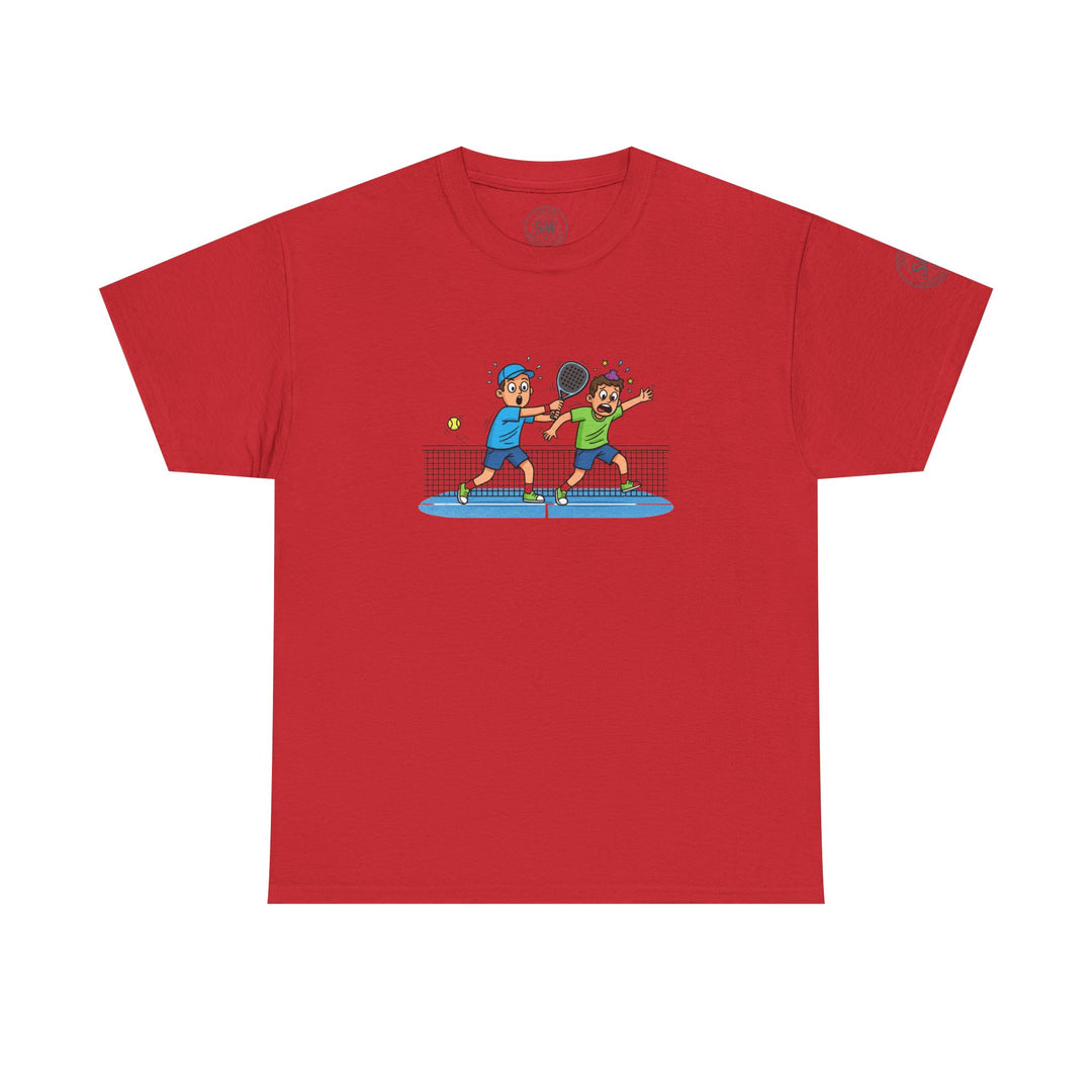 Red graphic tee by S&amp;W Gallus with a cartoon of two boys playing padel.
