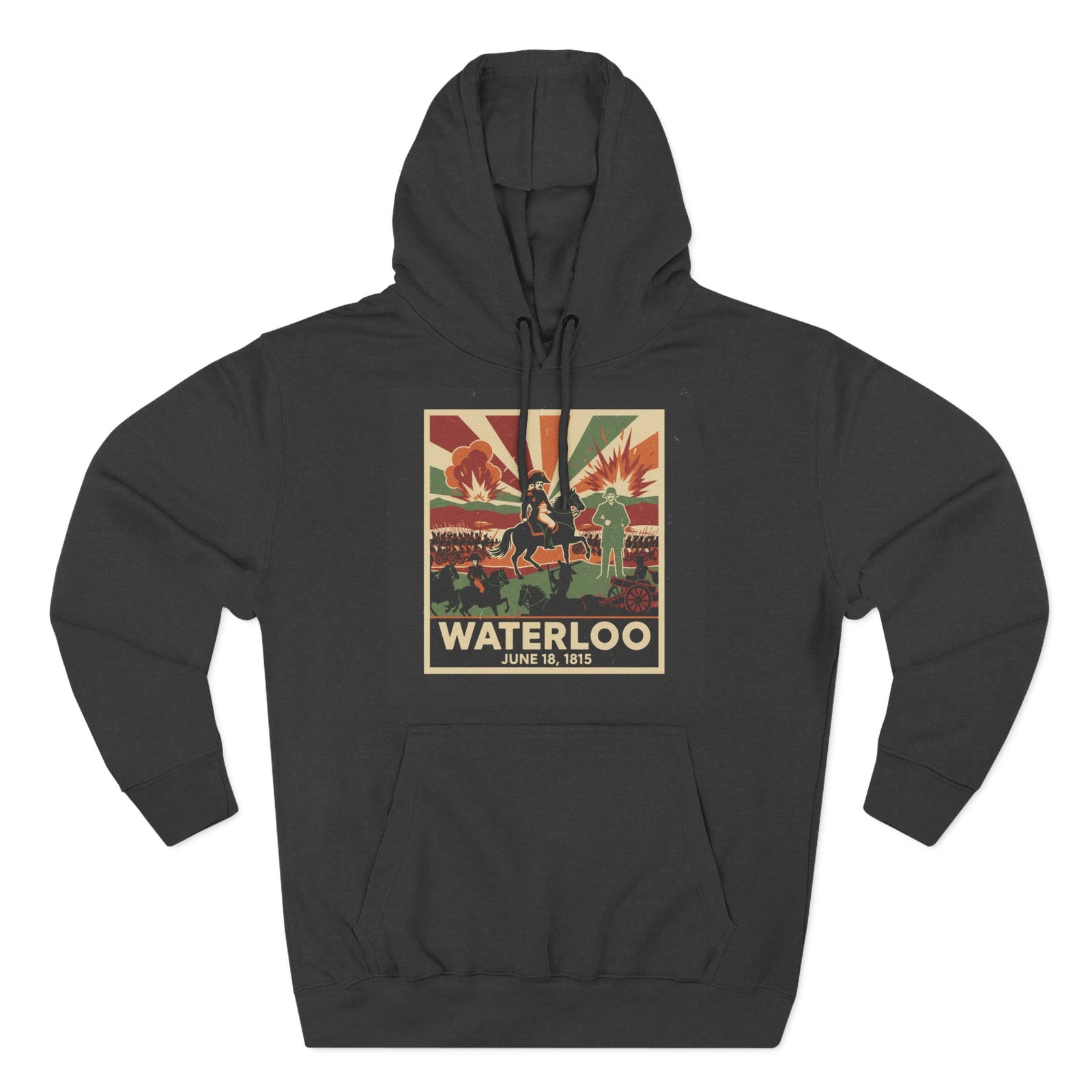 Charcoal-colored hoodie by S&W Gallus with a Waterloo vintage poster design on the front.