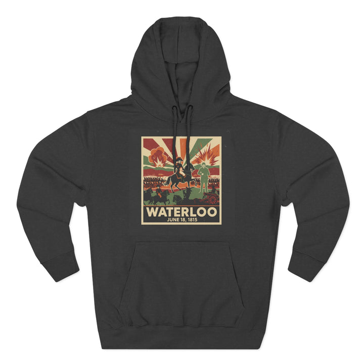 Charcoal-colored hoodie by S&amp;W Gallus with a Waterloo vintage poster design on the front.