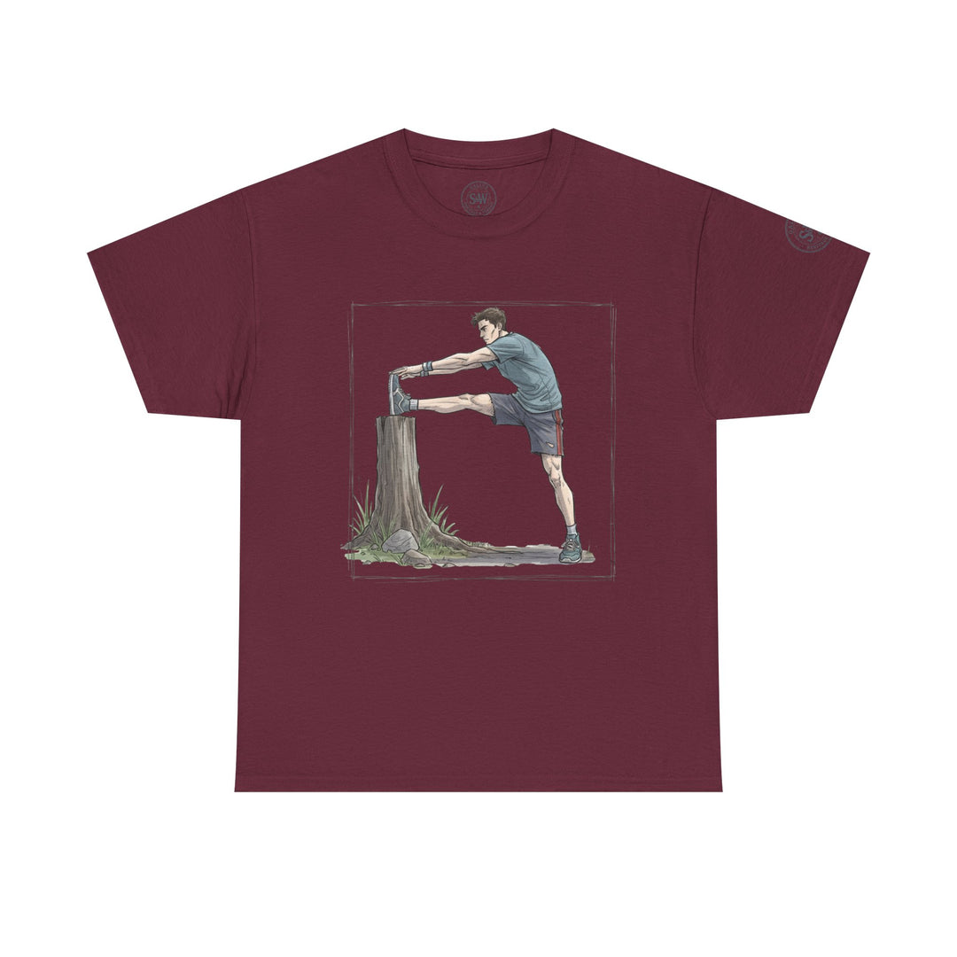 Maroon t-shirt by S&amp;W Gallus featuring a man stretching against a tree stump graphic.