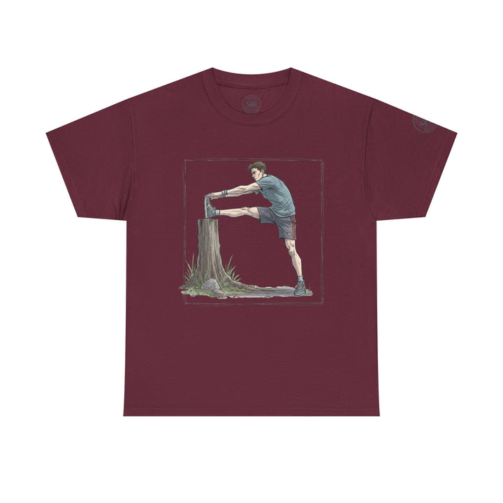 Maroon t-shirt by S&amp;W Gallus featuring a man stretching against a tree stump graphic.