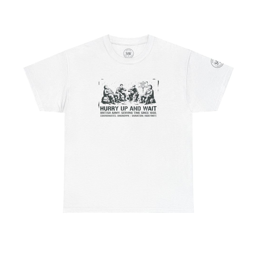 White graphic t-shirt from S&amp;W Gallus featuring a military humor design with a waiting soldiers graphic and text.