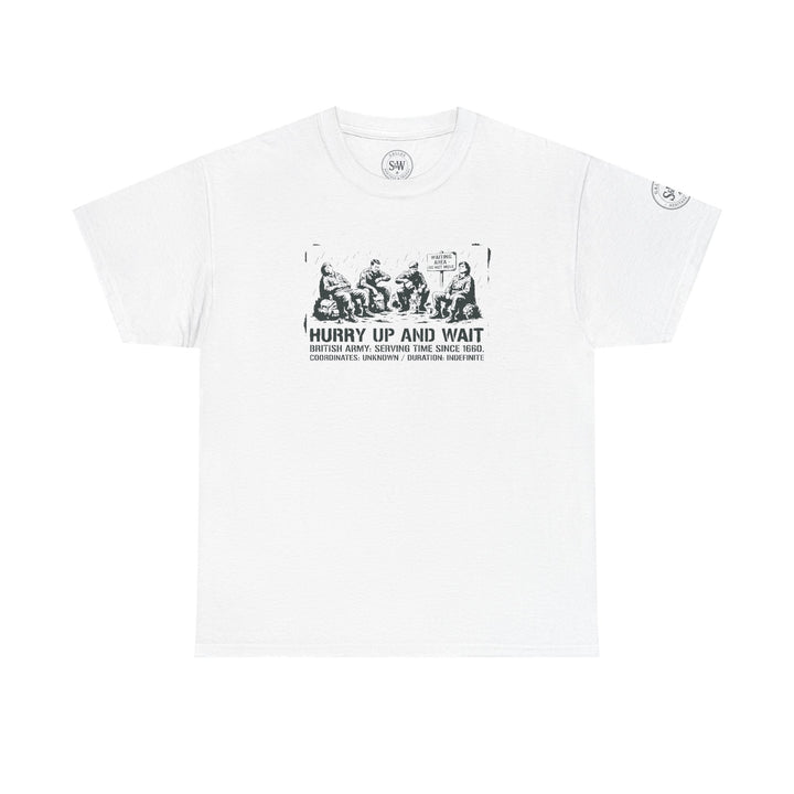 White graphic t-shirt from S&amp;W Gallus featuring a military humor design with a waiting soldiers graphic and text.