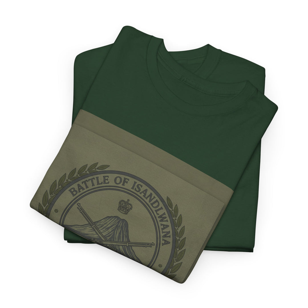 Isandlwana vintage military emblem crewneck T-shirt. Heritage graphic design inspired by historic battlefield legacy.
