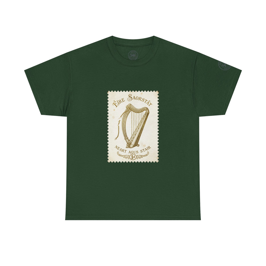 Forest green t-shirt by S&amp;W Gallus featuring a vintage Irish harp postage stamp design on the front.