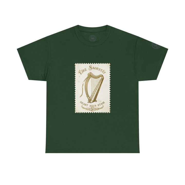 Forest green t-shirt by S&amp;W Gallus featuring a vintage Irish harp postage stamp design on the front.