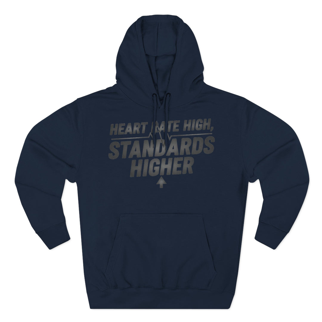 Navy hoodie by S&amp;W Gallus featuring "Heart Rate High, Standards Higher" graphic print.