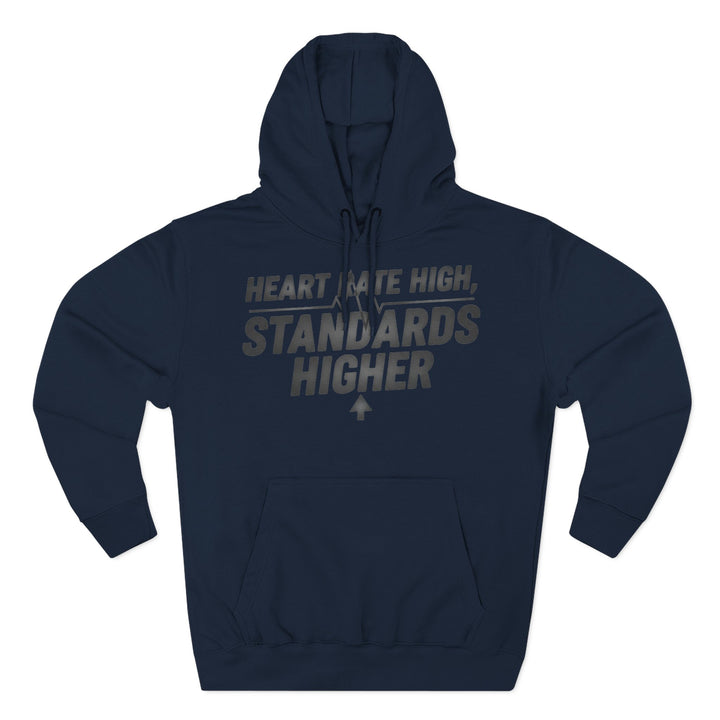 Navy hoodie by S&amp;W Gallus featuring "Heart Rate High, Standards Higher" graphic print.