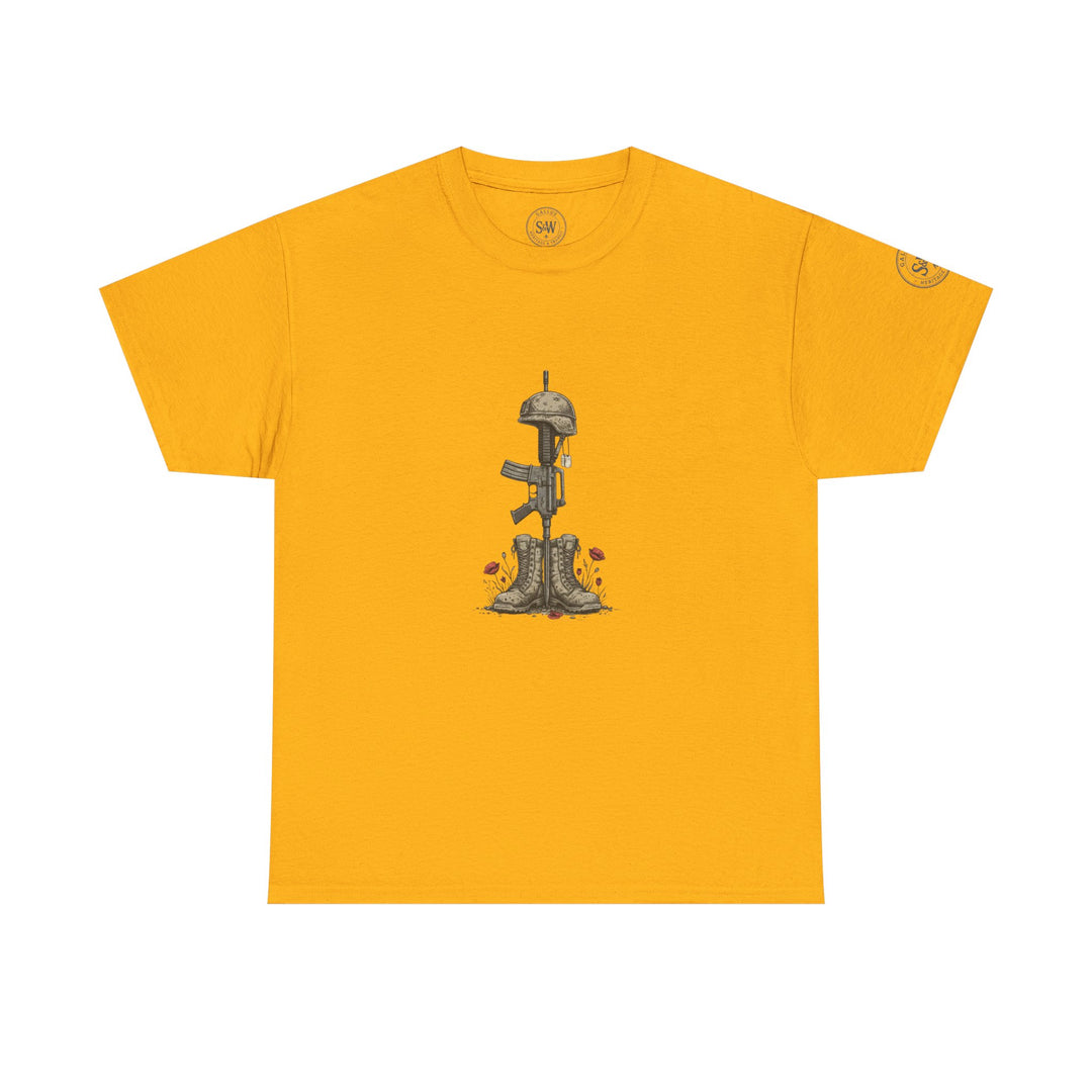 Gold t-shirt by S&amp;W Gallus with a graphic design of a military memorial.