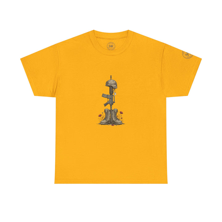 Gold t-shirt by S&amp;W Gallus with a graphic design of a military memorial.
